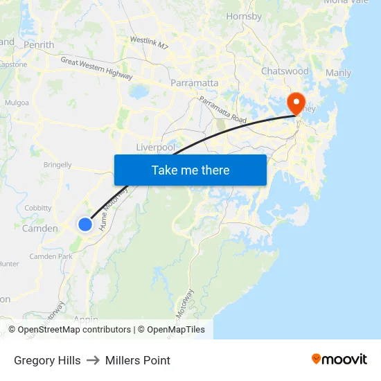 Gregory Hills to Millers Point map