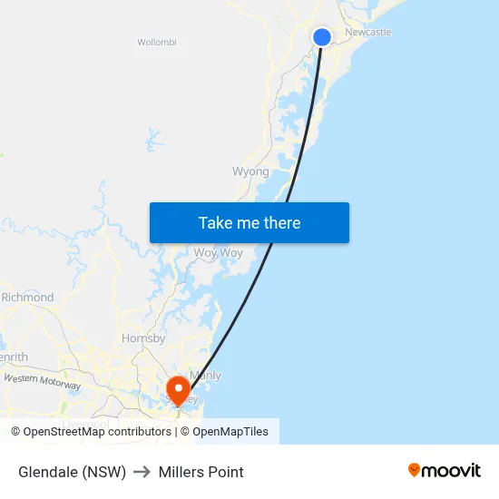 Glendale (NSW) to Millers Point map