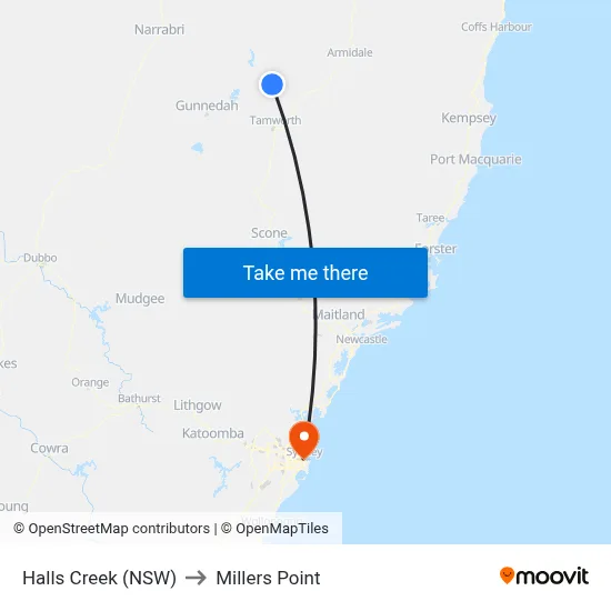 Halls Creek (NSW) to Millers Point map