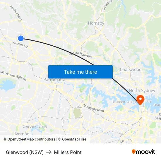 Glenwood (NSW) to Millers Point map