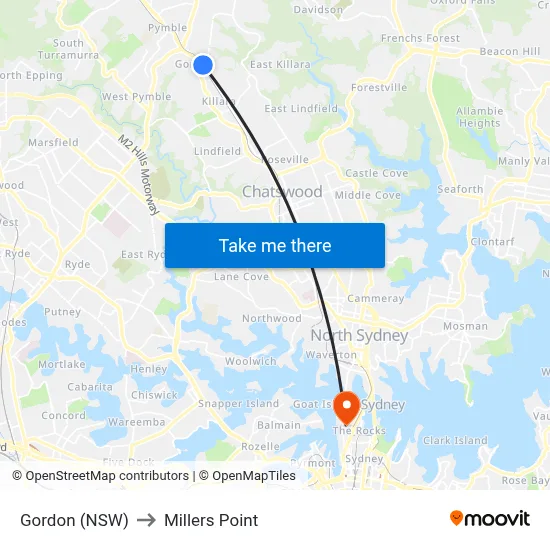Gordon (NSW) to Millers Point map