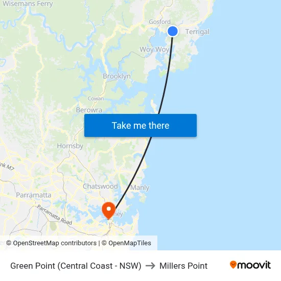 Green Point (Central Coast - NSW) to Millers Point map