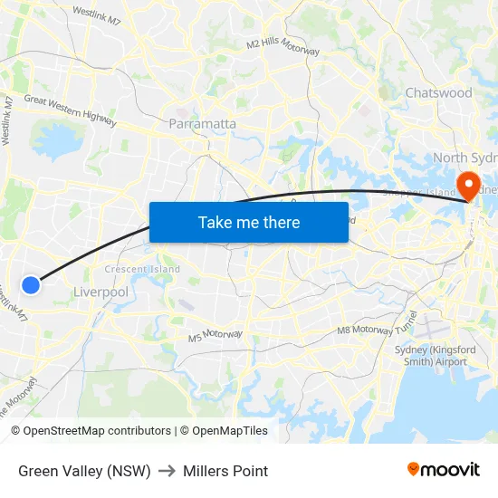 Green Valley (NSW) to Millers Point map