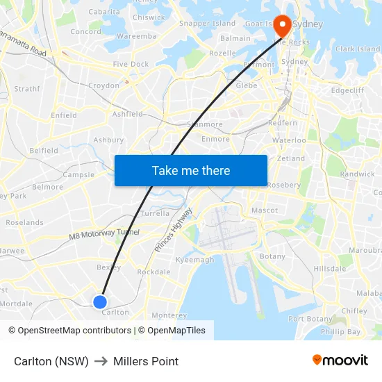 Carlton (NSW) to Millers Point map