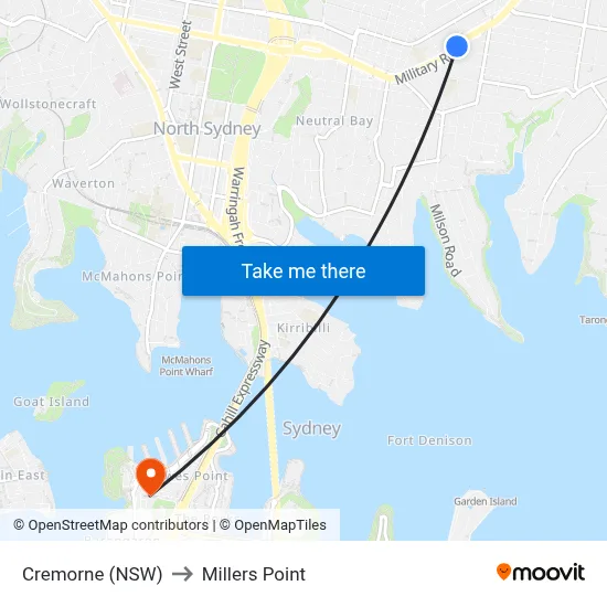 Cremorne (NSW) to Millers Point map