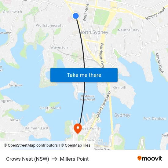 Crows Nest (NSW) to Millers Point map
