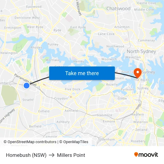Homebush (NSW) to Millers Point map