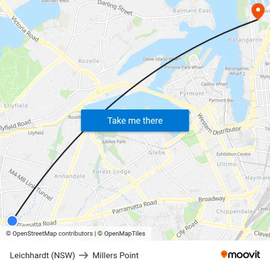 Leichhardt (NSW) to Millers Point map