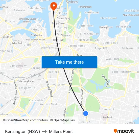 Kensington (NSW) to Millers Point map