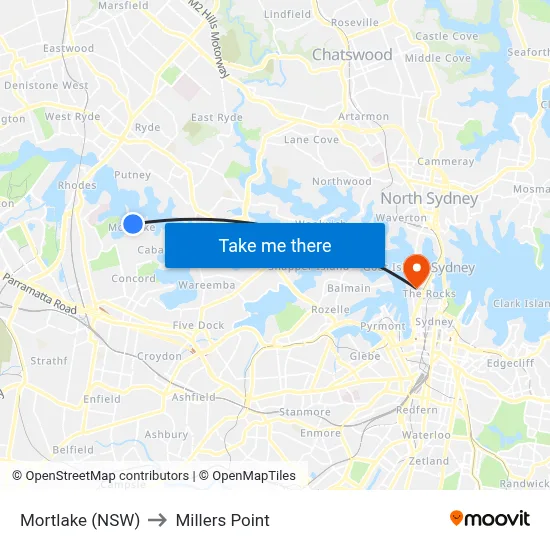 Mortlake (NSW) to Millers Point map