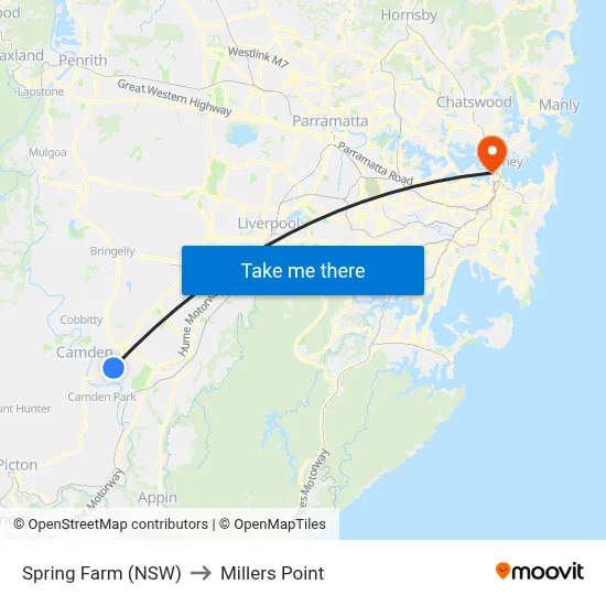 Spring Farm (NSW) to Millers Point map