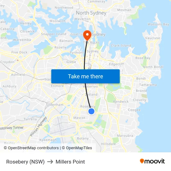 Rosebery (NSW) to Millers Point map