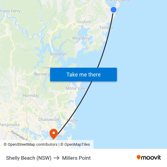 Shelly Beach (NSW) to Millers Point map