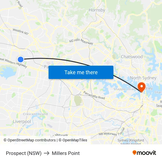 Prospect (NSW) to Millers Point map
