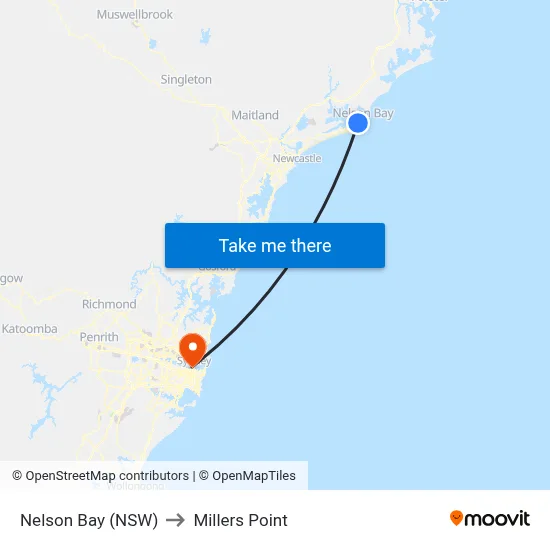 Nelson Bay (NSW) to Millers Point map