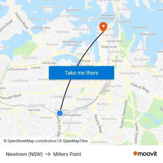 Newtown (NSW) to Millers Point map