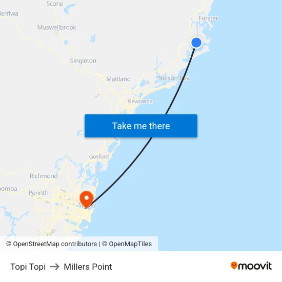 Topi Topi to Millers Point map