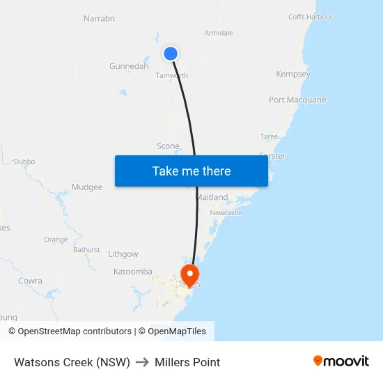 Watsons Creek (NSW) to Millers Point map