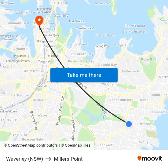 Waverley (NSW) to Millers Point map