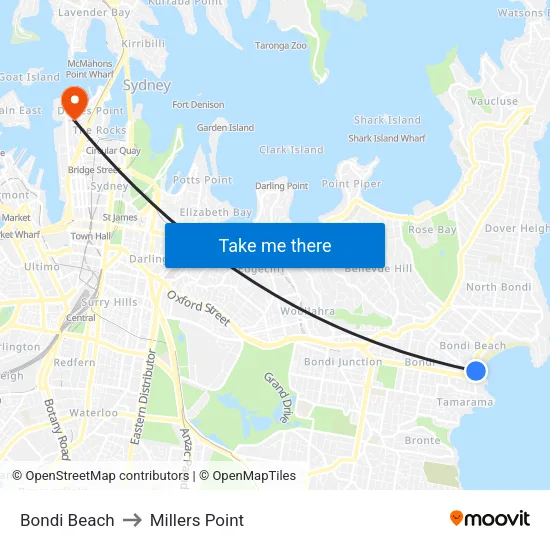 Bondi Beach to Millers Point map