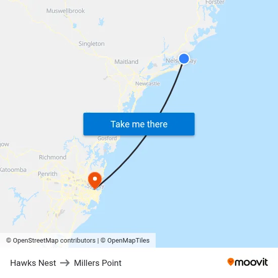 Hawks Nest to Millers Point map