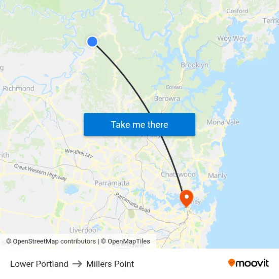 Lower Portland to Millers Point map