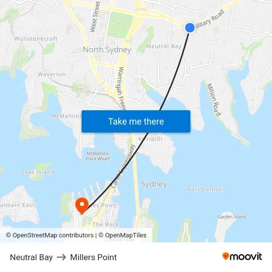 Neutral Bay to Millers Point map