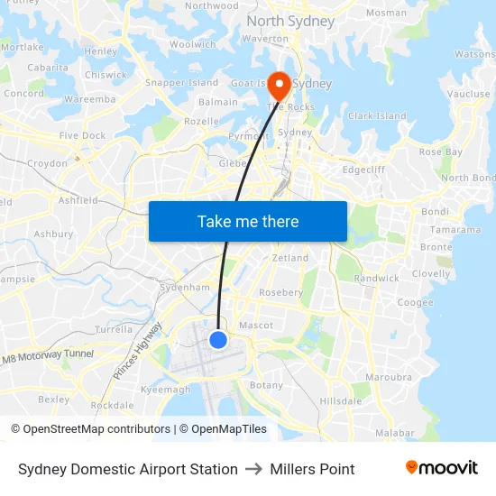 Sydney Domestic Airport Station to Millers Point map