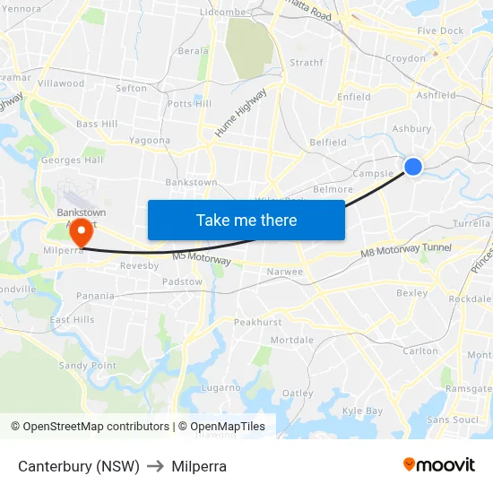 Canterbury (NSW) to Milperra map