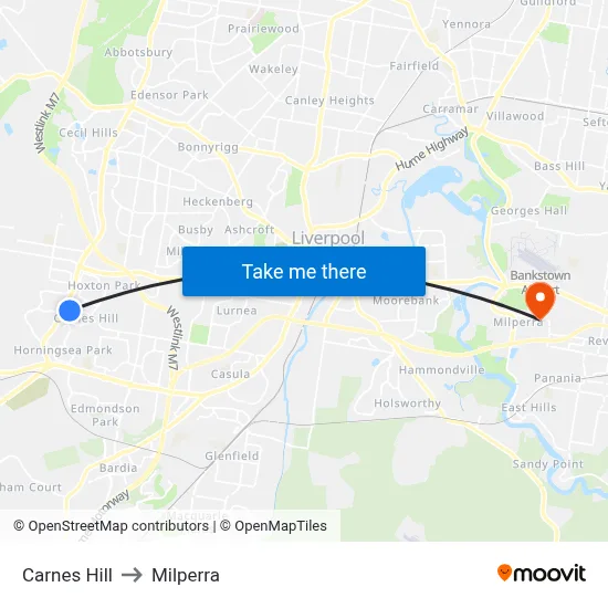 Carnes Hill to Milperra map