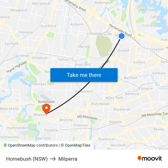 Homebush (NSW) to Milperra map