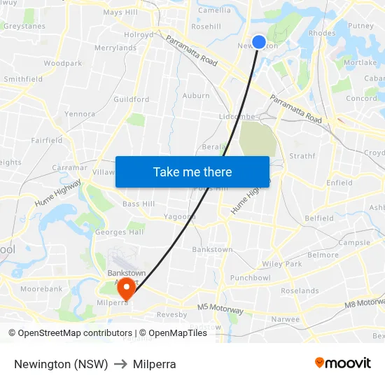 Newington (NSW) to Milperra map