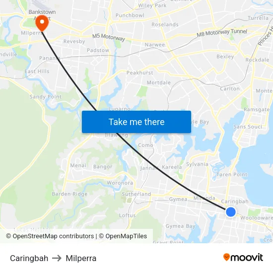 Caringbah to Milperra map