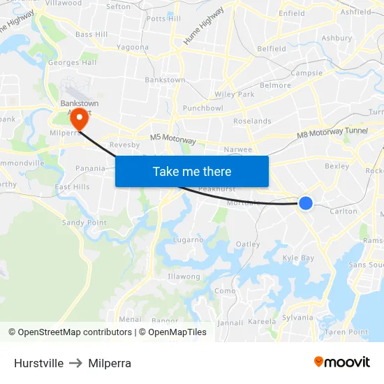 Hurstville to Milperra map