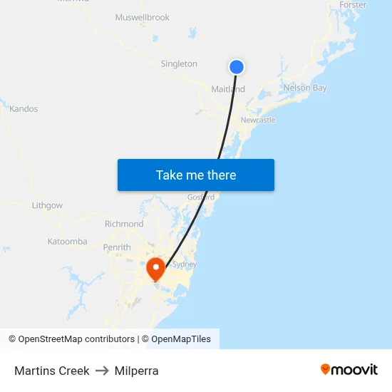 Martins Creek to Milperra map