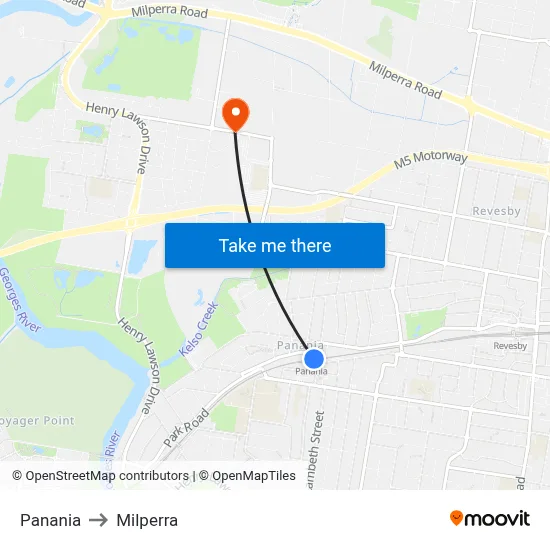 Panania to Milperra map