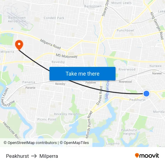 Peakhurst to Milperra map