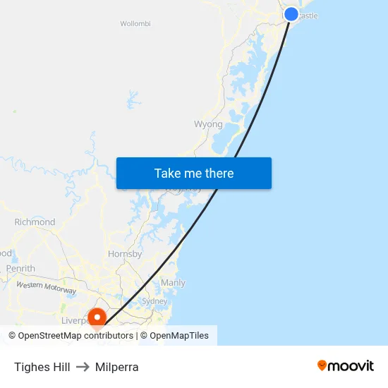 Tighes Hill to Milperra map