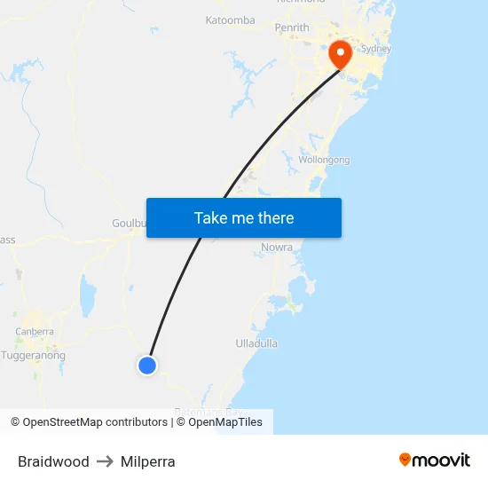 Braidwood to Milperra map