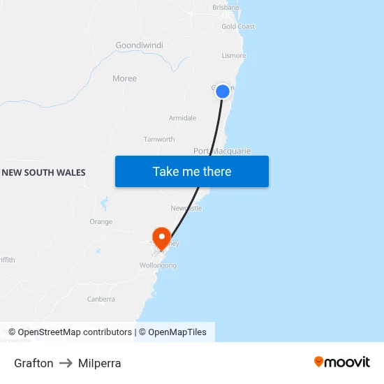 Grafton to Milperra map