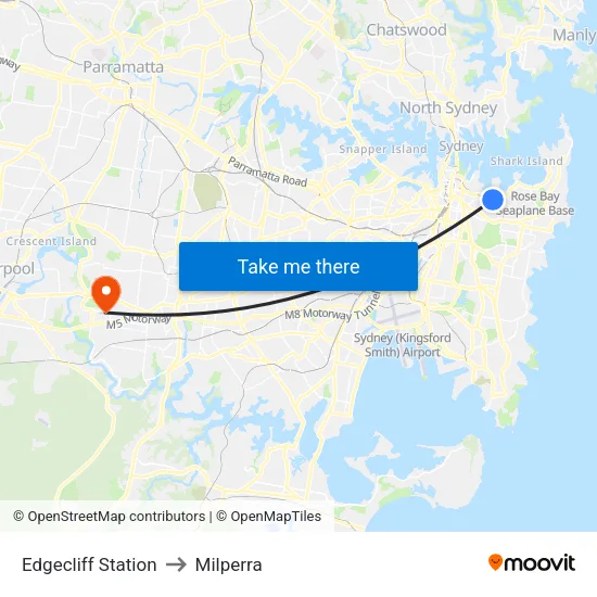 Edgecliff Station to Milperra map