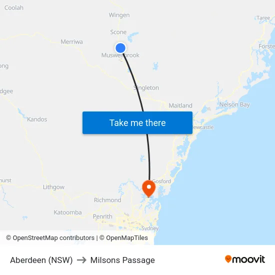 Aberdeen (NSW) to Milsons Passage map