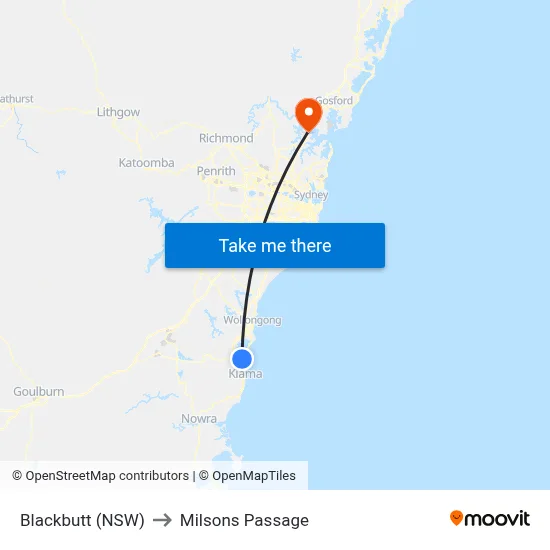 Blackbutt (NSW) to Milsons Passage map