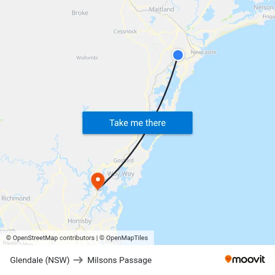 Glendale (NSW) to Milsons Passage map