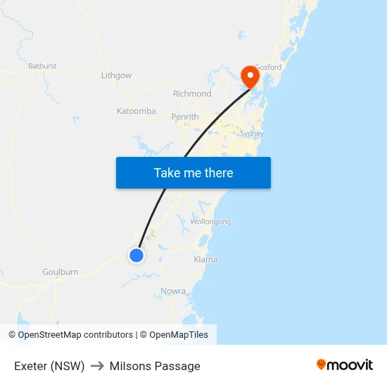 Exeter (NSW) to Milsons Passage map