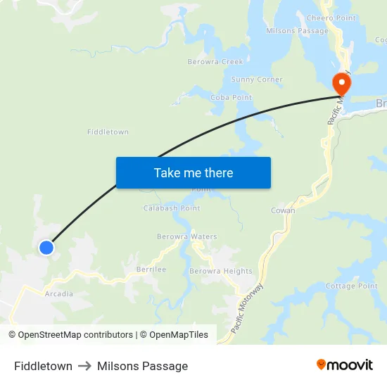 Fiddletown to Milsons Passage map