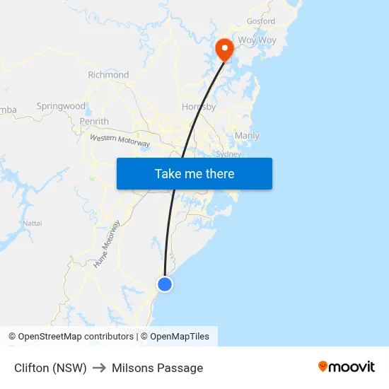 Clifton (NSW) to Milsons Passage map