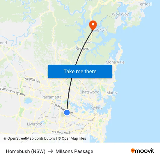 Homebush (NSW) to Milsons Passage map