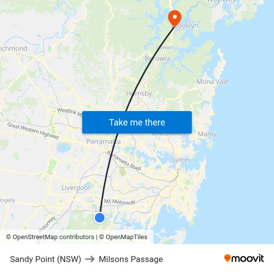 Sandy Point (NSW) to Milsons Passage map