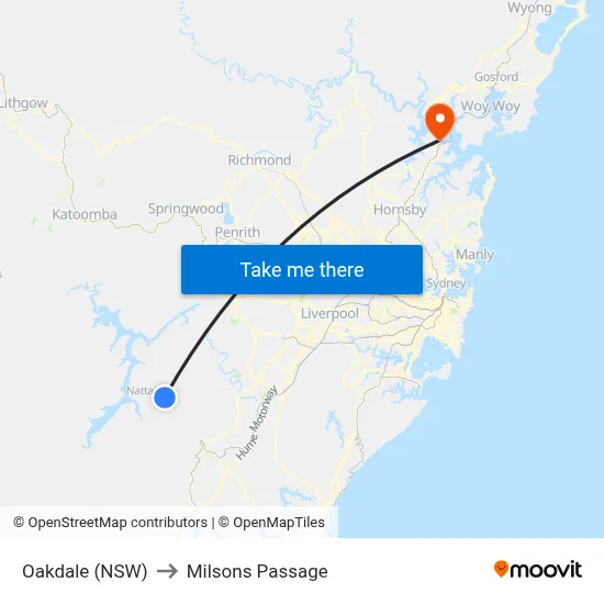 Oakdale (NSW) to Milsons Passage map